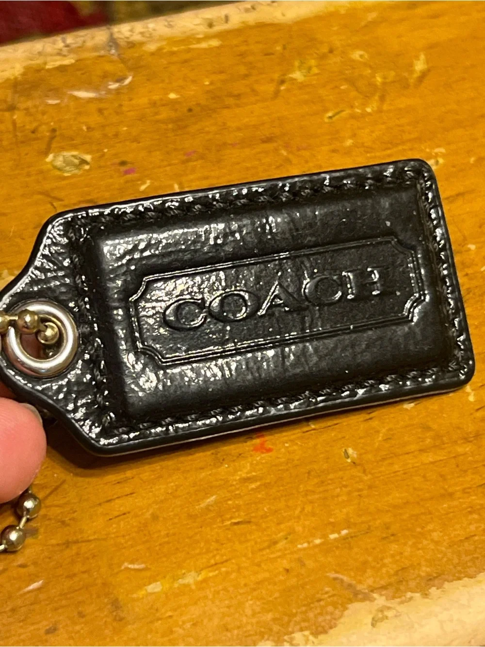 Coach Black Leather Key Tag with Metal  chain